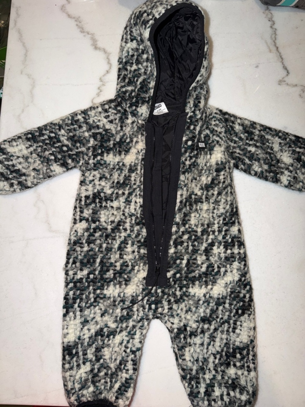 Kith Hooded Knit Baby One-Piece in Black and Cream